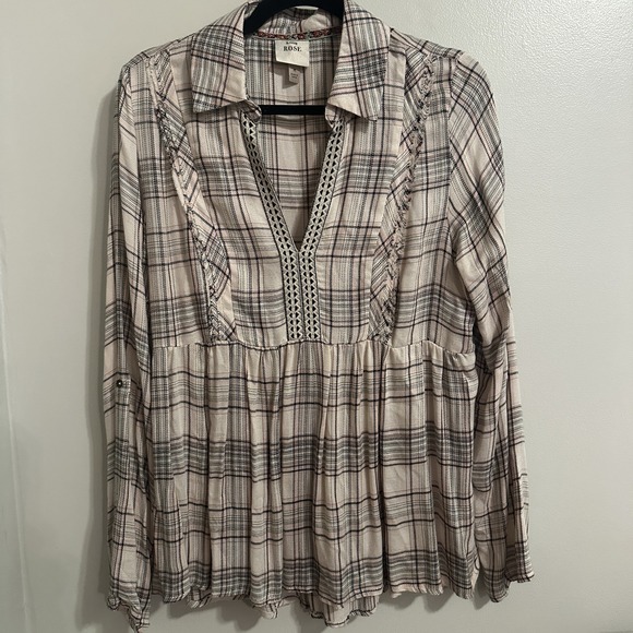 Knox Rose Women's Raw Trim Plaid Long Roll Sleeve Collared Popover Pink Top Sz M - Picture 1 of 4